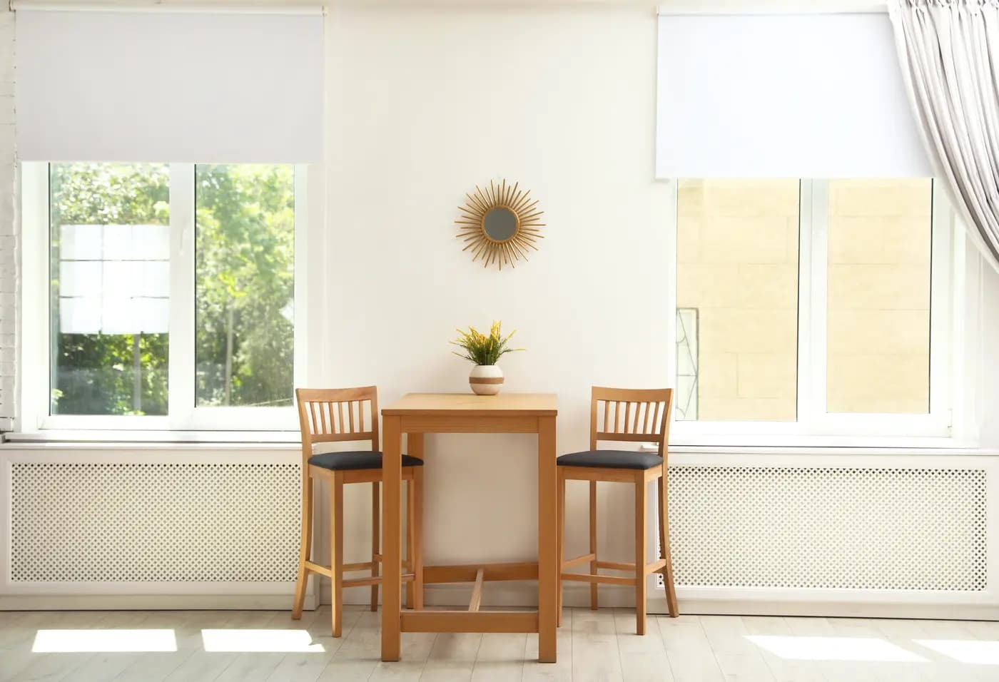 Modern Room with Wooden Dining Table Roller Shades in Westwood