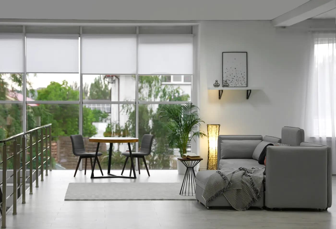 Cozy Living Room with Modern Furniture Roller Shades in Blue Springs