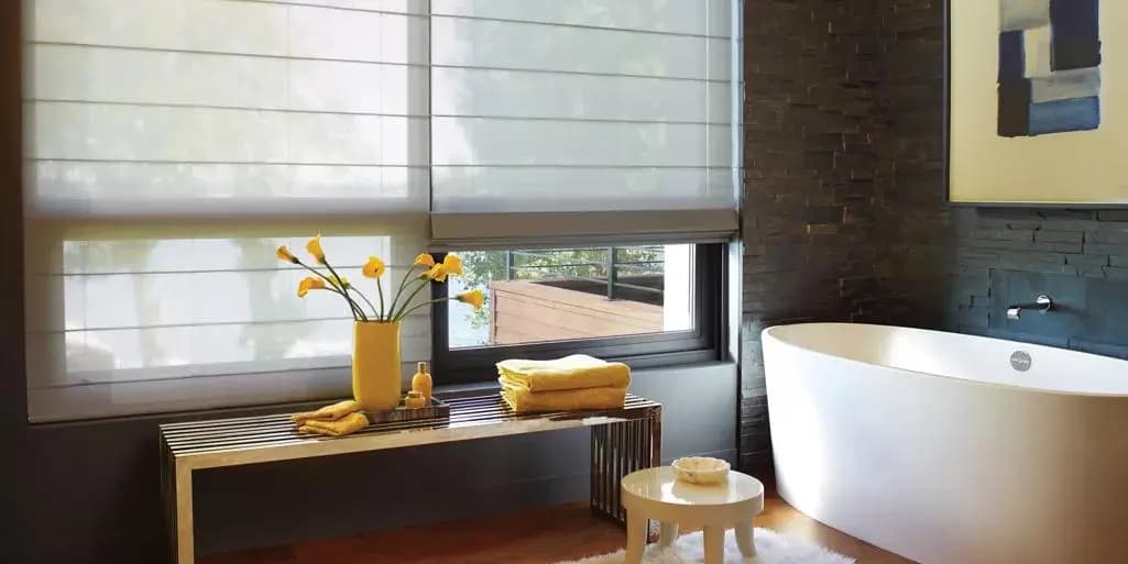 Elegant Chic Bathroom with Black Brick Walls Roman Shades in Lake Quivira