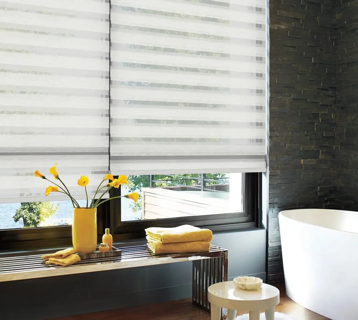 Banded Bathroom with Bathtub View Zebra Shades in Prairie Village