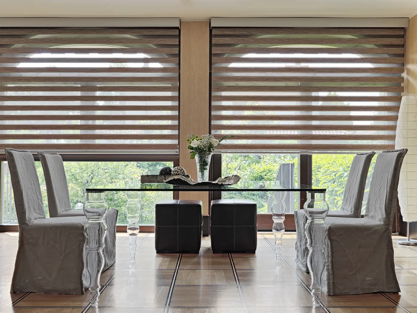 Dining Table with Fabric Chairs Zebra Shades in Blue Springs